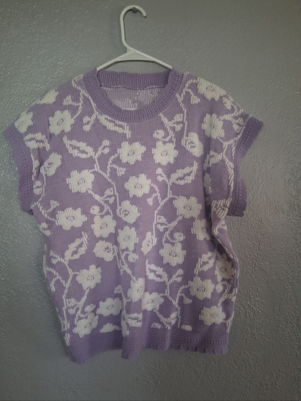 Vintage Knit Short Sleeve Sweater Floral Lavender Grandma Cottage Core L